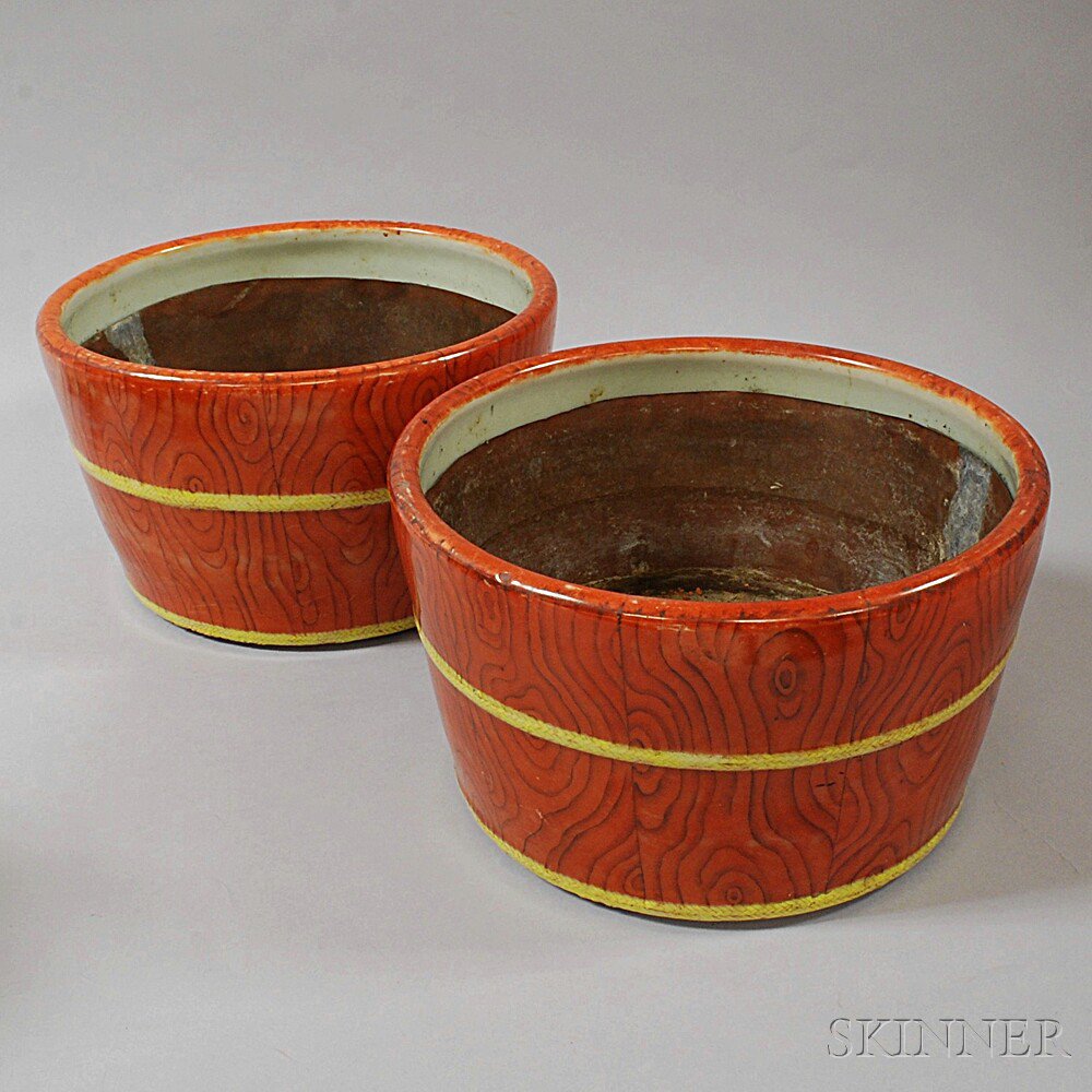 Appraisal: Pair of Faux Bois Ceramic Planters th century ht dia