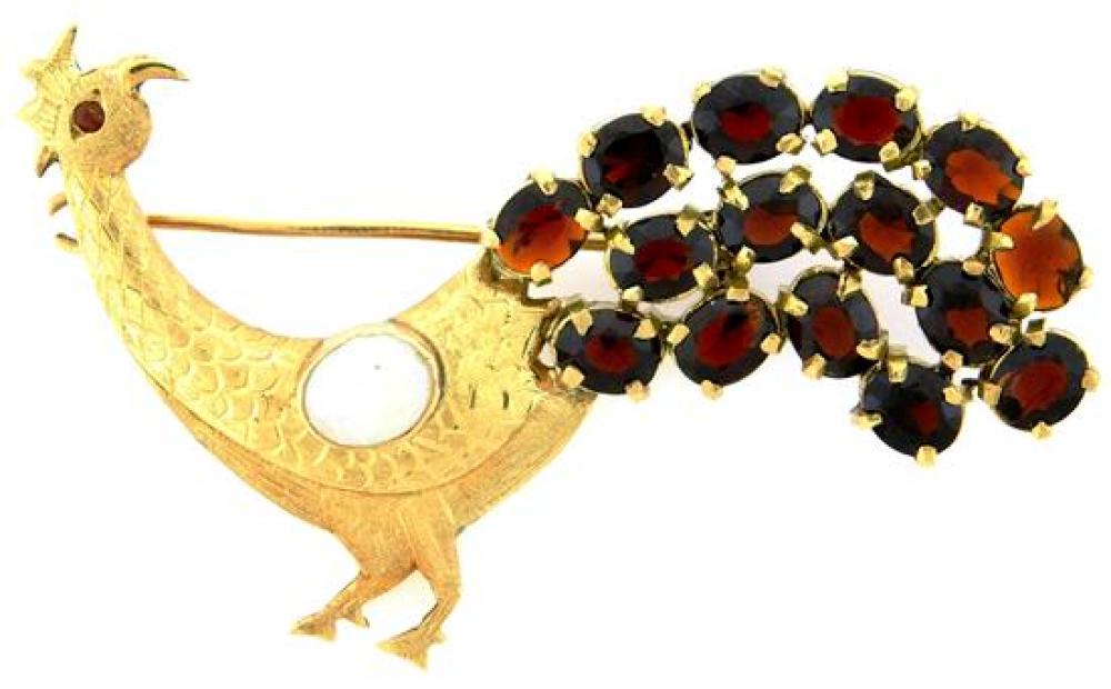 Appraisal: JEWELRY K Garnet and opal peacock pin tested K yellow