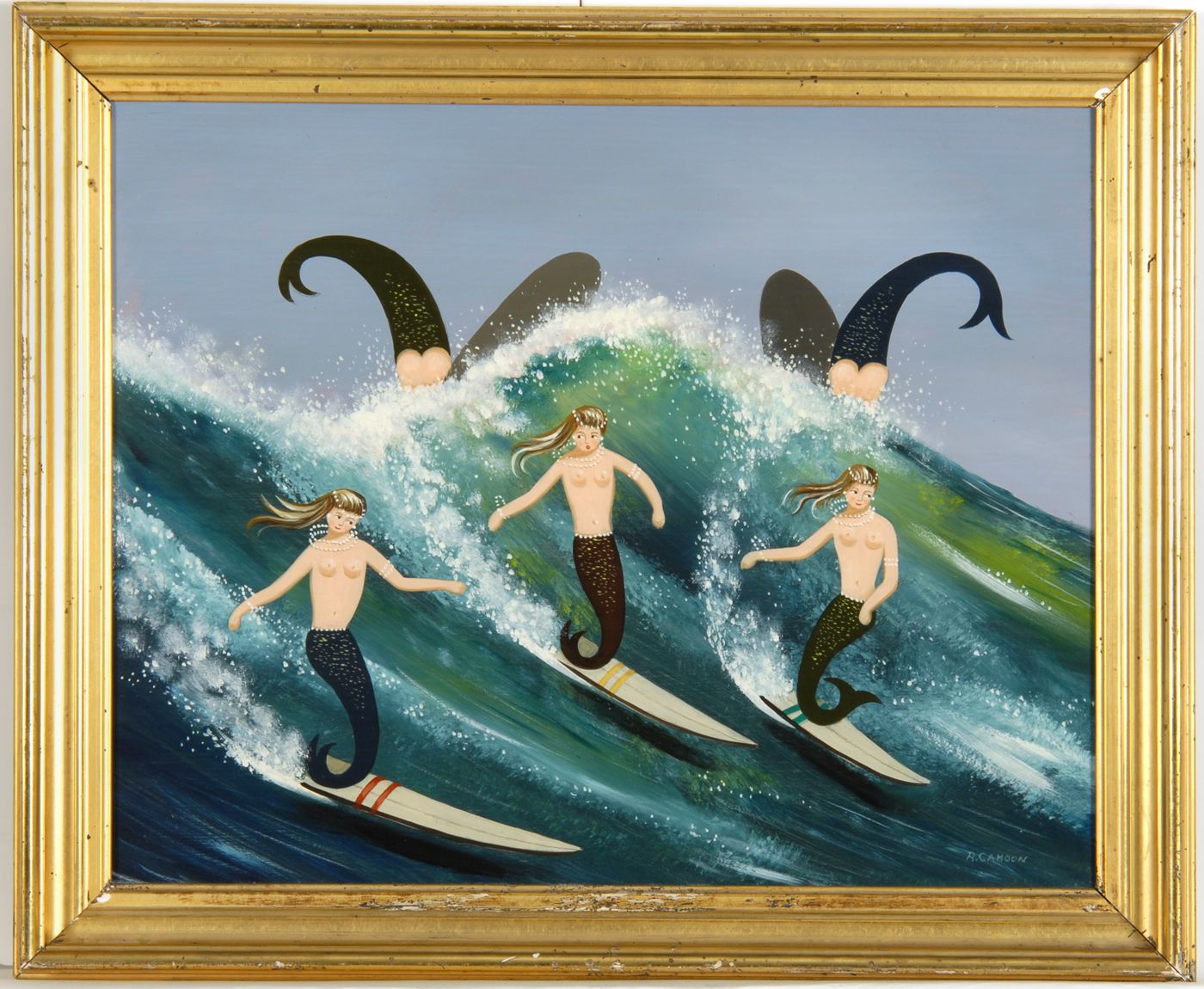 Appraisal: RALPH EUGENE CAHOON JR American - Five surfing mermaids Signed