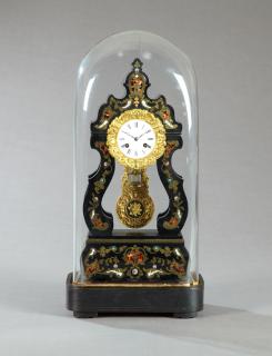 Appraisal: French Boulle Inlaid Ebonized Portico Clock c French Boulle Inlaid