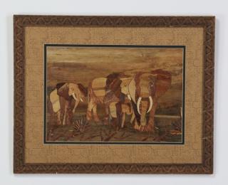 Appraisal: Marquetry inlay elephant artwork w Exotic wood inlay artwork depicting