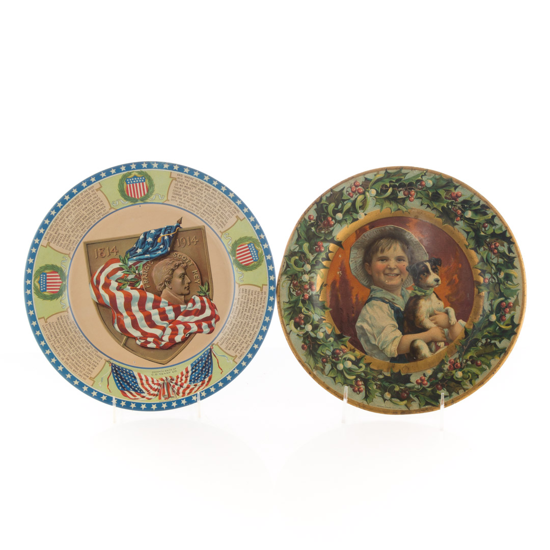 Appraisal: Two lithographed tin souvenir plates Complements of C D Kenny