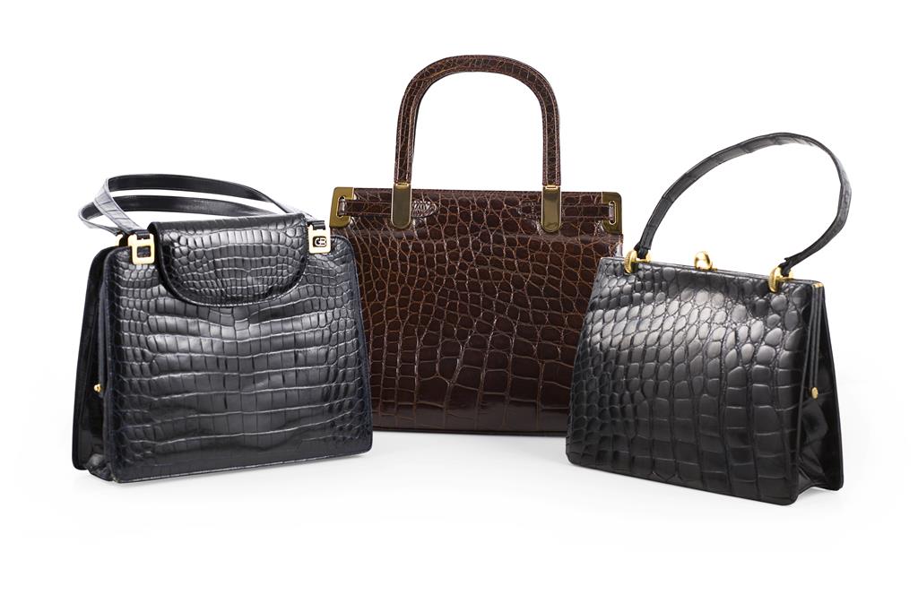 Appraisal: A collection of three crocodile skin handbags comprising a brown