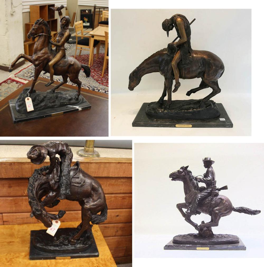 Appraisal: FOUR WESTERN HORSE AND RIDER BRONZE SCULPTURES Trooper of the