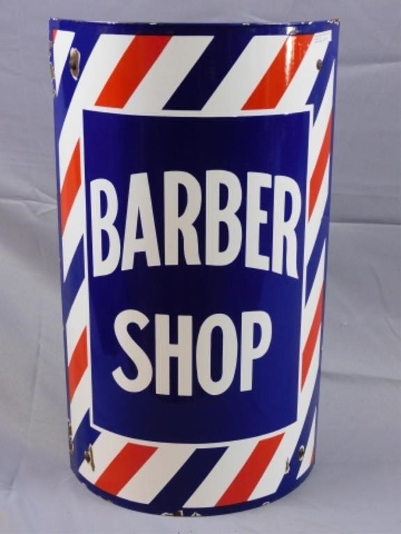 Appraisal: VINTAGE CURVED ENAMEL BARBERSHOP SIGN BYVeriBright Metal brackets Great color