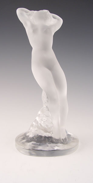 Appraisal: LALIQUE ARMS UP NUDE CRYSTAL FIGURE Frosted and clear glass