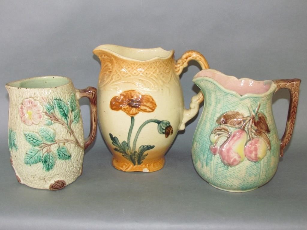 Appraisal: grape apple Majolica pitcher chipped foot floral Majolica pitcher chipped