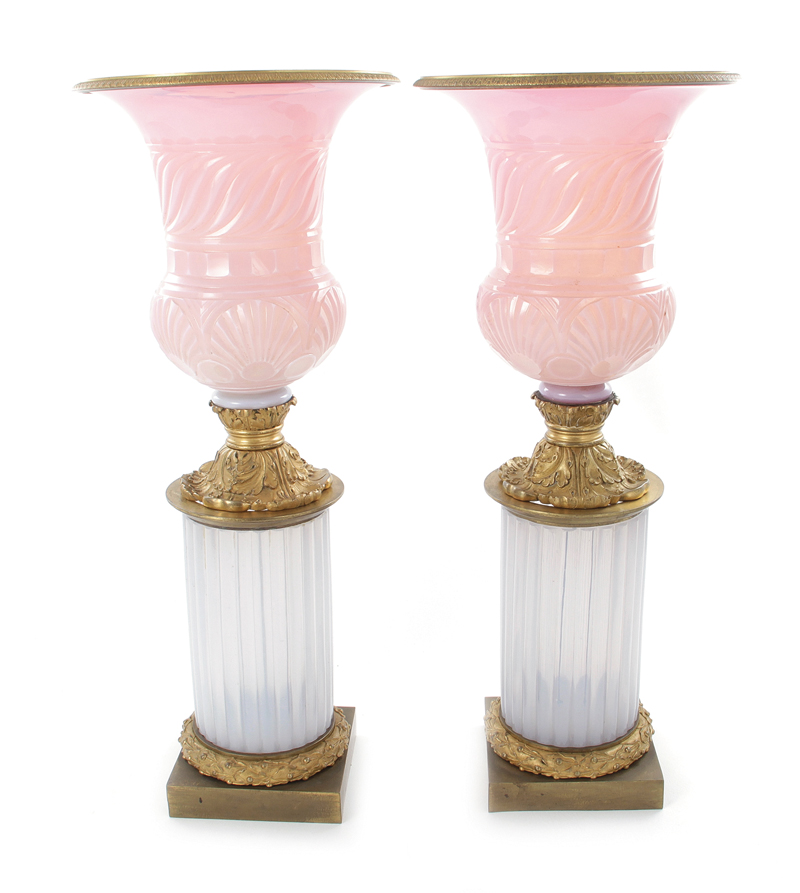 Appraisal: Pair French Empire ormolu-mounted opaline glass urns circa pink to