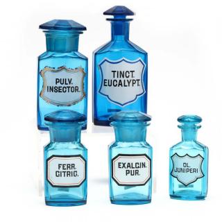 Appraisal: Five Turquoise Blue Drug Bottles late th century blown glass