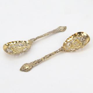 Appraisal: Pair Late th Century English Silver Pierced Serving Spoons Signed