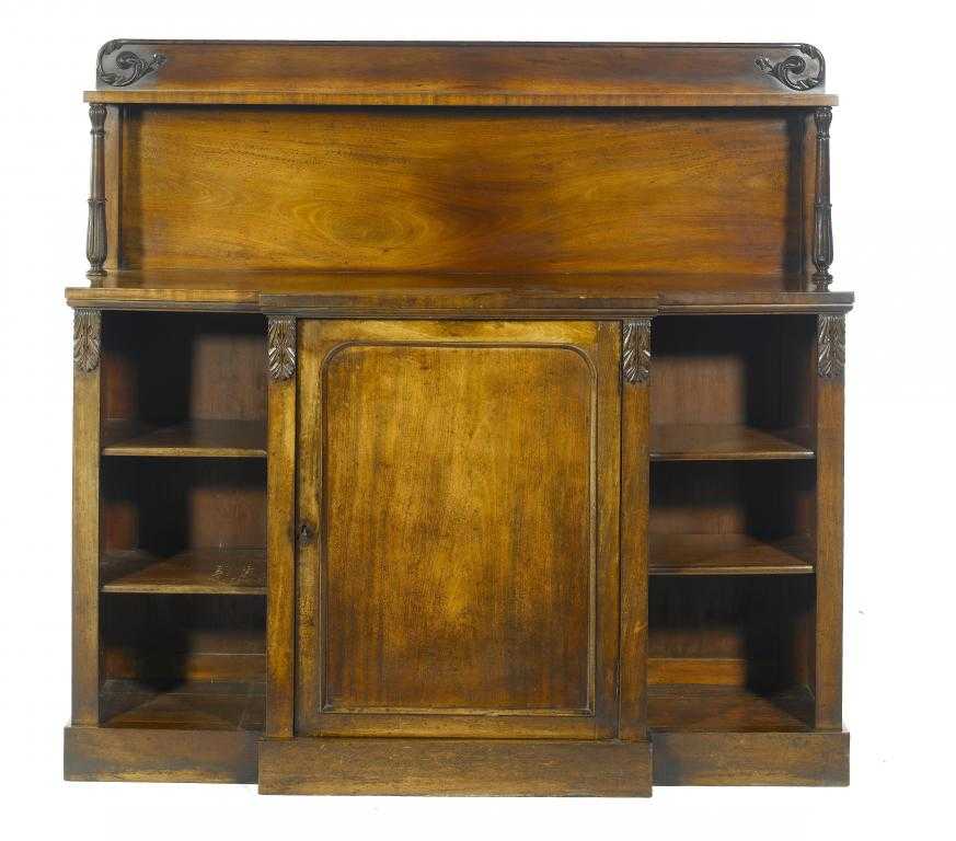 Appraisal: A VICTORIAN MAHOGANY BREAKFRONT CHIFFONIER the superstructure with lappeted pillars