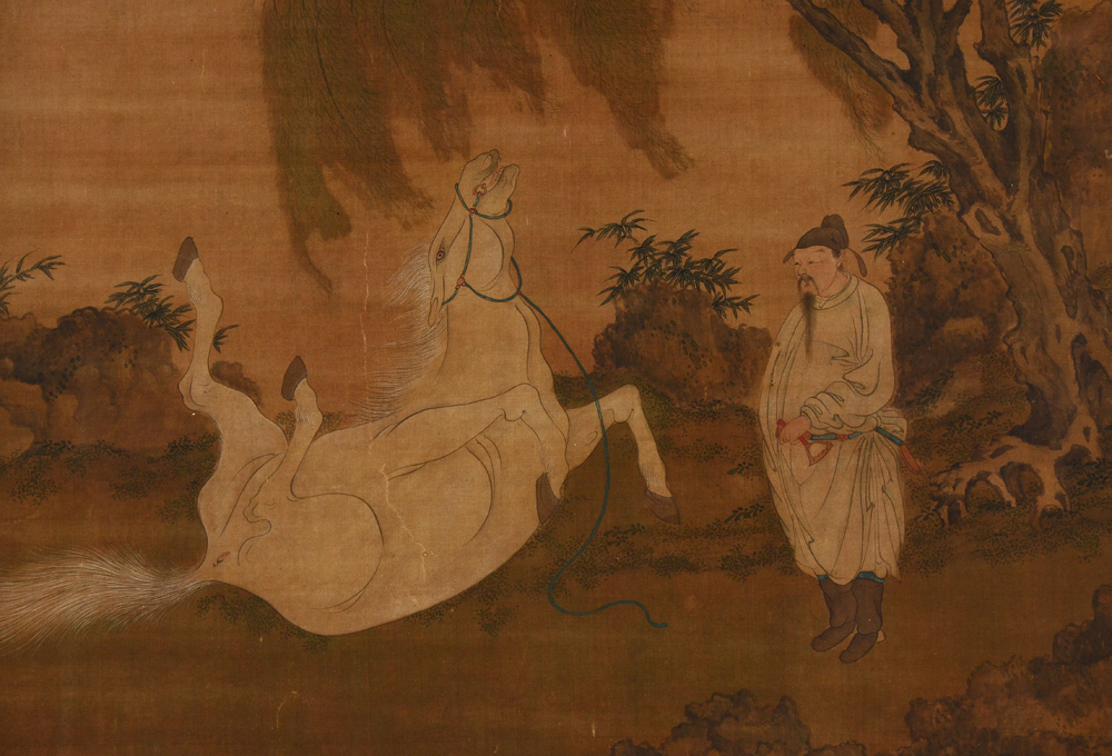 Appraisal: EARLY LARGE PAINTED ORIENTAL SCROLL Depicts Scene of Oriental Folklore