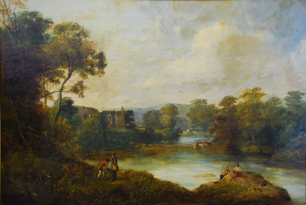 Appraisal: NINETEENTH CENTURY ENGLISH SCHOOL OIL PAINTING River landscape with figures