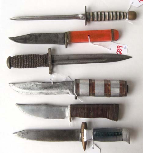 Appraisal: FIVE TRENCH ART KNIVES PLUS ESTWING FIXED BLADE KNIFE four