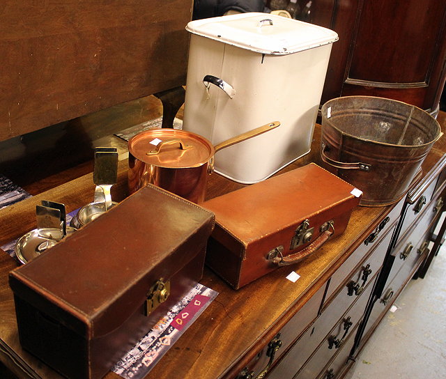 Appraisal: A COPPER SAUCEPAN an enamel bread bin a copper wine