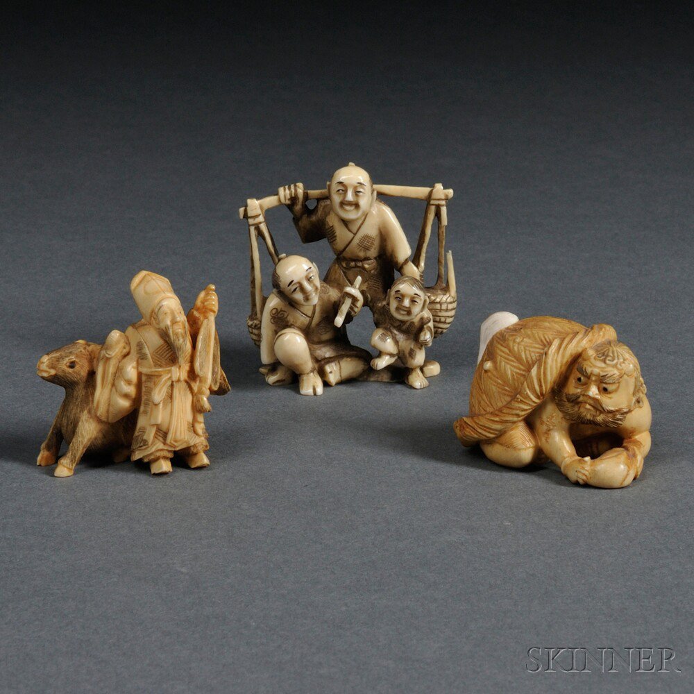 Appraisal: Three Ivory Netsukes Japan th th century a sennin standing