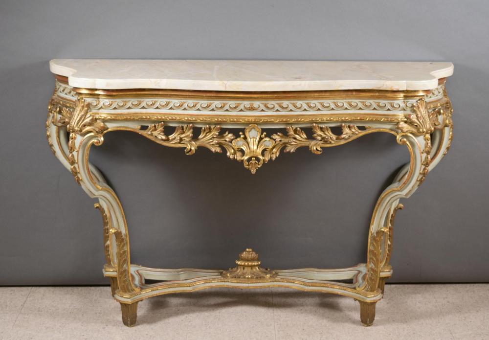 Appraisal: LOUIS XV STYLE CARVED AND PARCEL-GILT MARBLE-TOP CONSOLE TABLE French