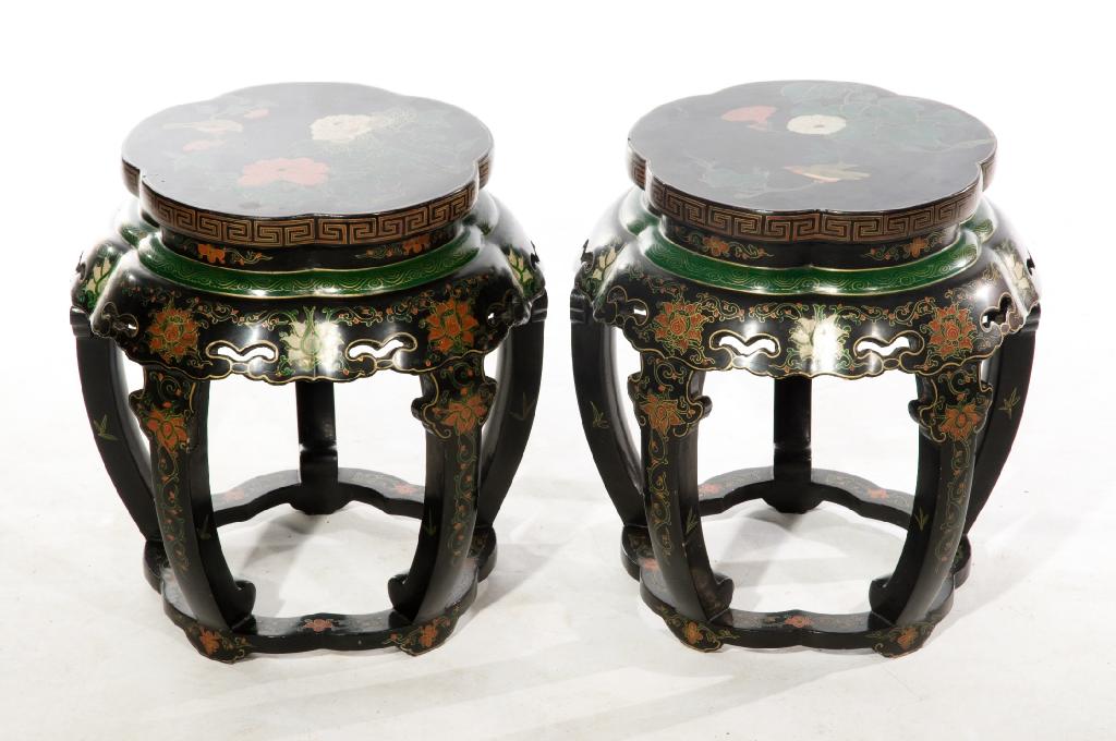 Appraisal: PAIR OF JAPANESE BLACK LACQUERED AND POLYCHROME-PAINTED STANDS TABLES MEIJI