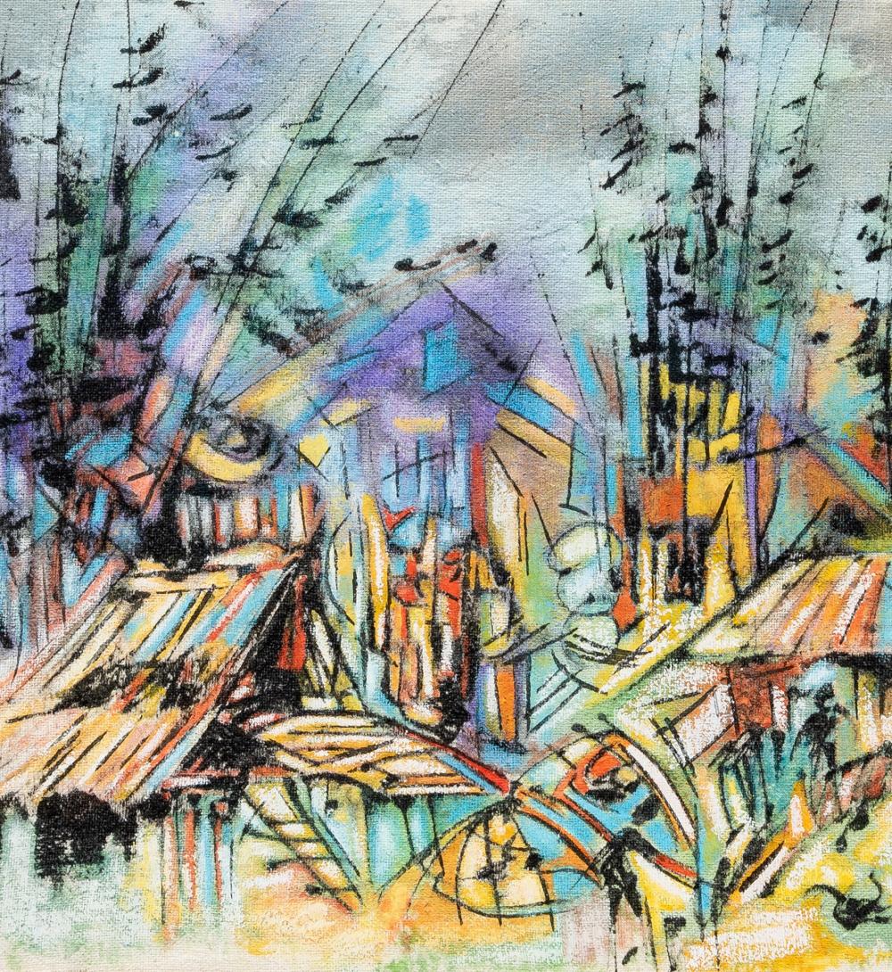 Appraisal: Charles Loloma Hopi - Untitled Street Scene mixed media on