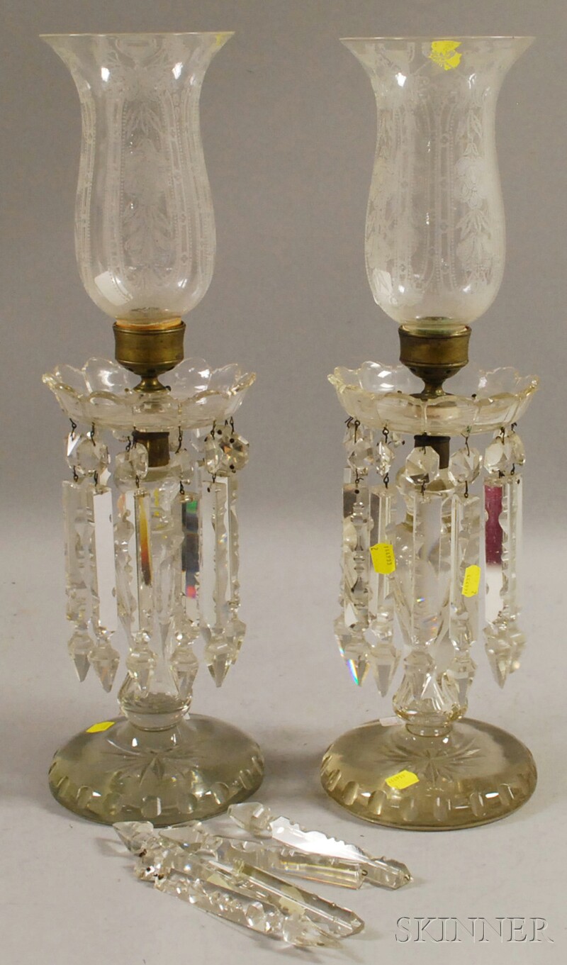 Appraisal: Pair of Colorless Cut Glass Candlestick Garnitures with Etched Glass