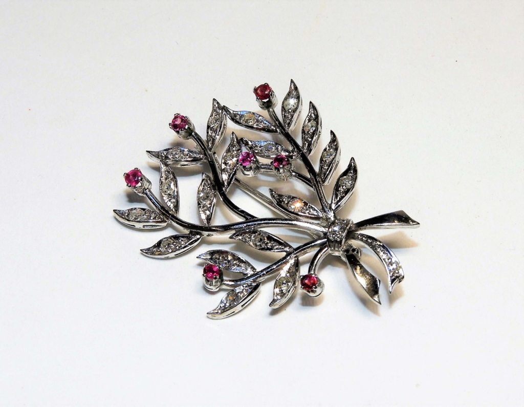 Appraisal: KT GOLD DIAMOND RUBY BOTANICAL SPRAY BROOCH th century KT