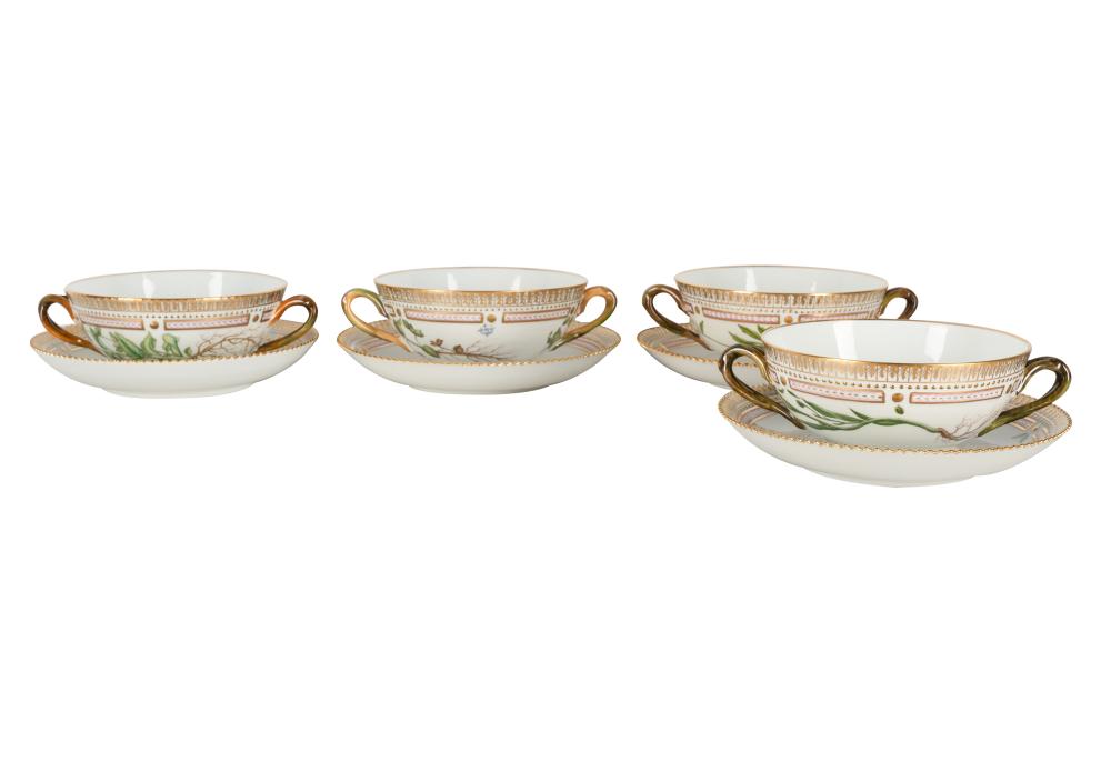 Appraisal: FOUR ROYAL COPENHAGEN FLORA DANICA SOUP CUPS AND SAUCERSblue wave