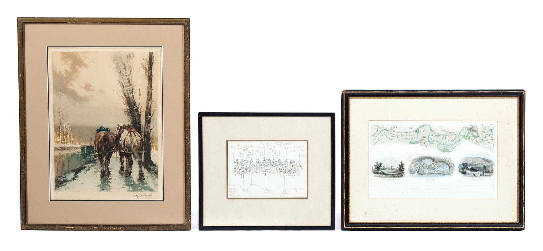 Appraisal: THREE FRAMED PICTURES Twentieth century Pencil sketch of steeplechase with