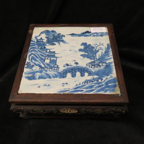 Appraisal: Chinese Blue White Porcelain Tileon carved wooden stand with carved