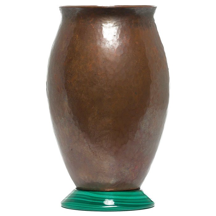 Appraisal: Rare Arts and Crafts vase hammered copper with applied malachite