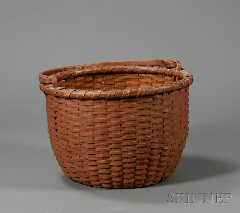 Appraisal: Red-painted Woven Splint Basket America late th century with carved