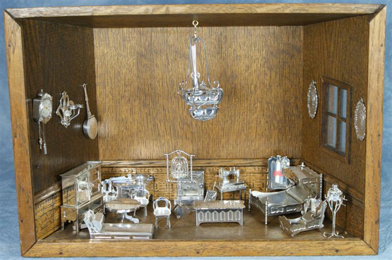 Appraisal: Miniature bedroom diorama with pcs mostly sterling silver Dutch furniture