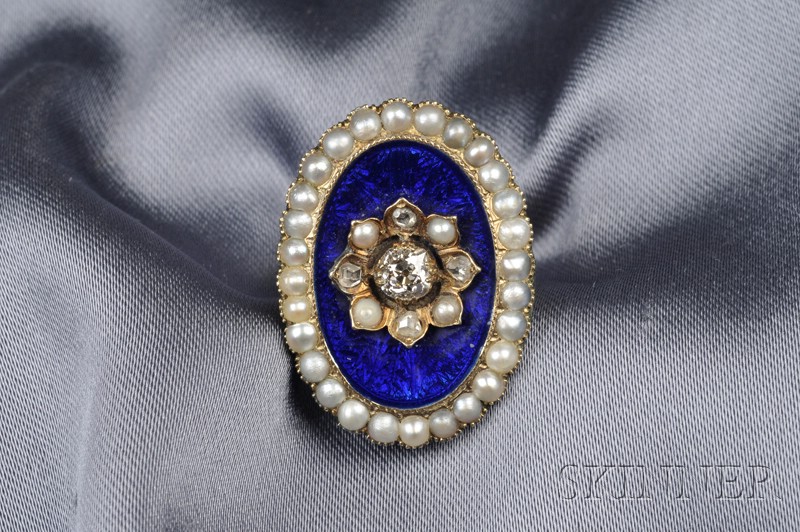 Appraisal: Enamel Seed Pearl and Diamond Ring centering an old European