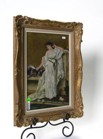 Appraisal: Vintage Framed Painting on Leather depicting woman in flowered gown