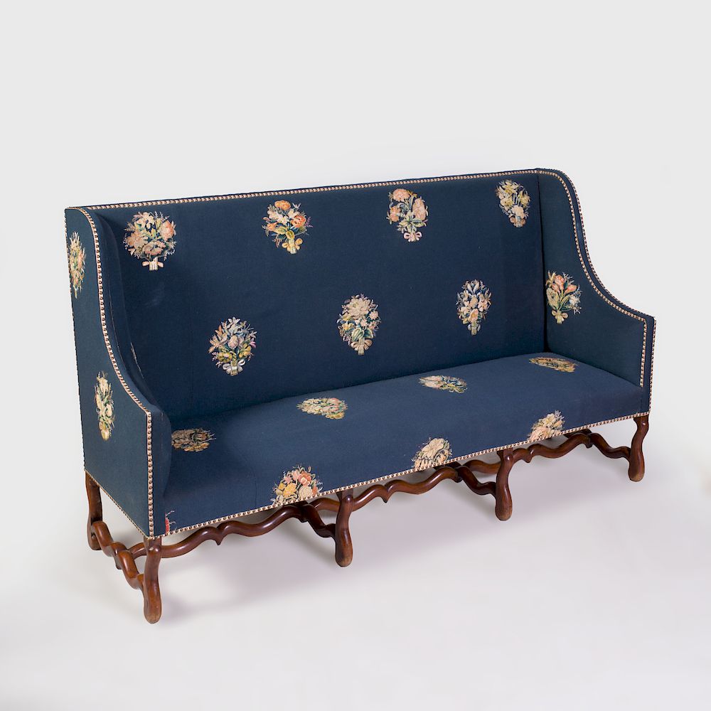 Appraisal: Louis XIV Provincial Walnut Canap L'Oreille Upholstered in blue wool