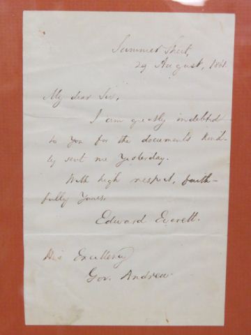 Appraisal: Letter from Edward Everett toGovenor Andrew signed x framed