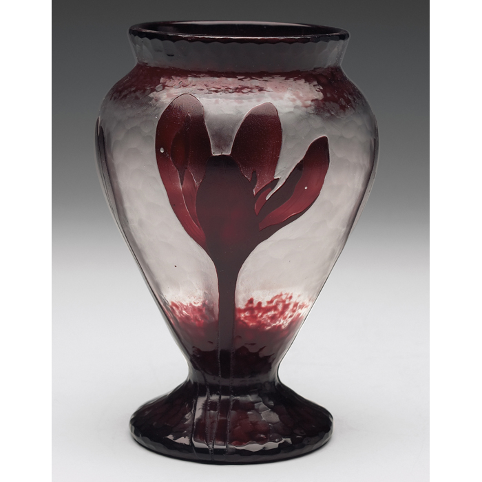 Appraisal: Daum vase bulbous shape with hammered clear and red glass