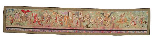 Appraisal: A large celadon silk ground horizontal panel with figural embroidery