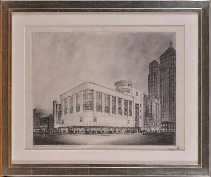 Appraisal: AMERICAN SCHOOL ARCHITECTURAL RENDERING OF CORNER DEPARTMENT STORE Pencil and