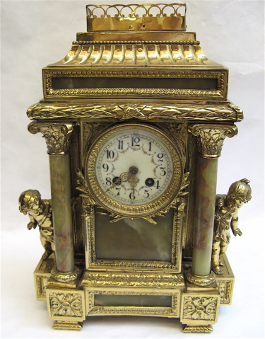 Appraisal: FRENCH ONYX MARBLE GILT METAL MANTEL CLOCK th century The