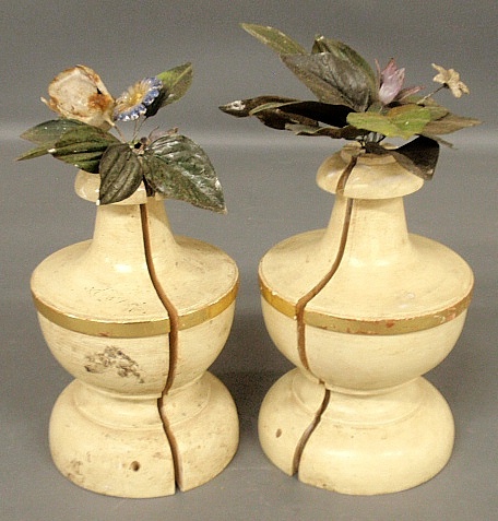 Appraisal: - Pair of carved wood urn-form finials with paint decorated