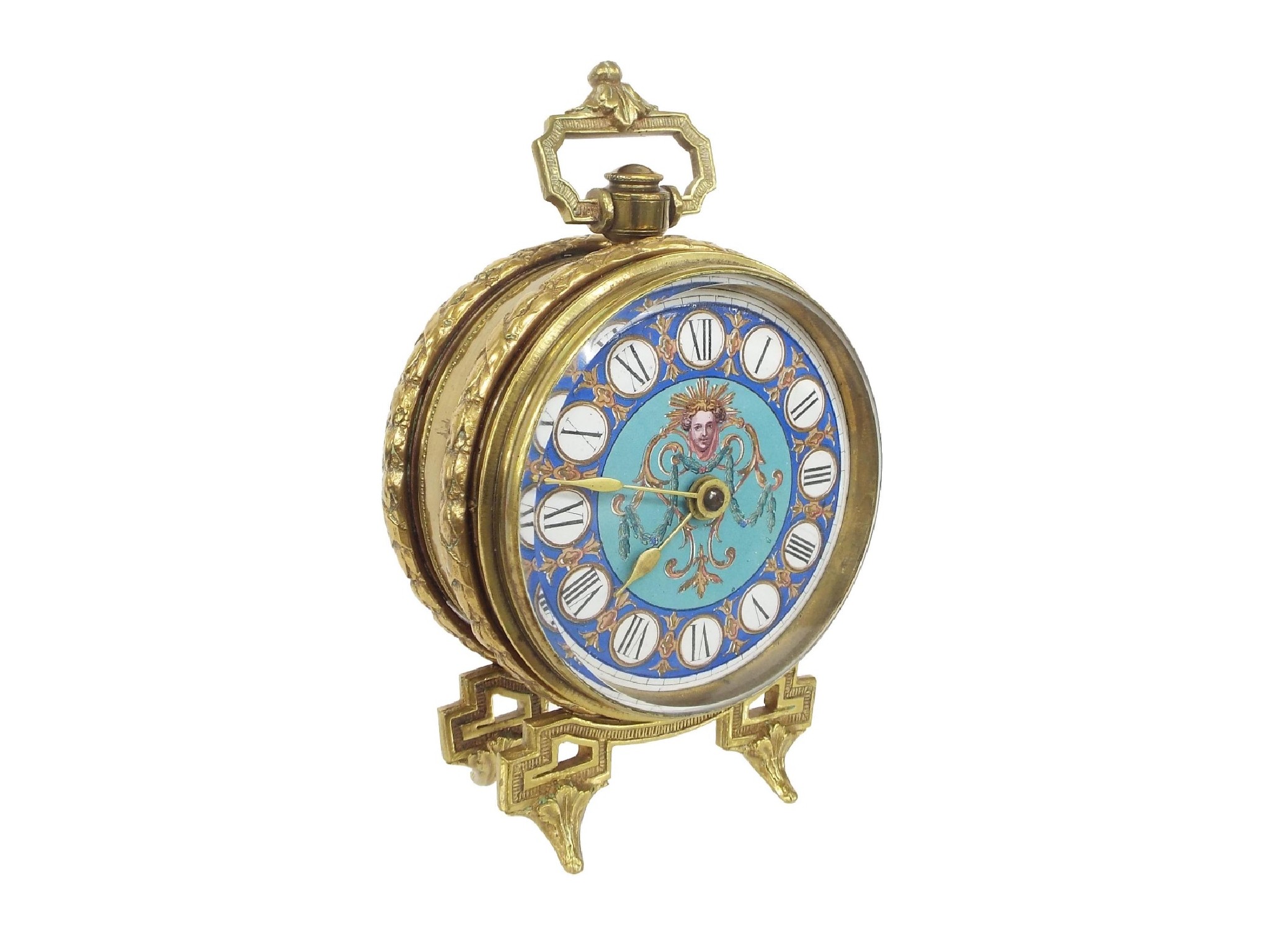 Appraisal: French brass and enamel drumhead boudoir timepiece with platform escapement