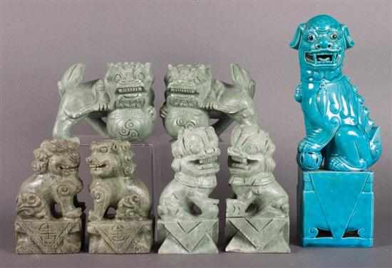 Appraisal: Six Chinese carved hardstone foo lions and a Chinese blue