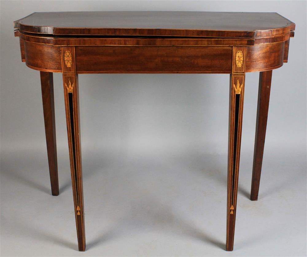 Appraisal: GEORGE III STYLE INLAID MAHOGANY CARD TABLE having a hinged