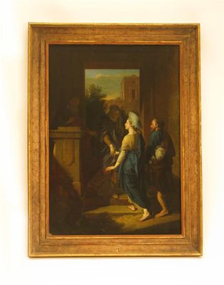 Appraisal: Flemish School th century 'Two figures greeting travellers' oil on