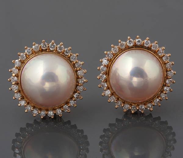 Appraisal: A pair of mabe' pearl diamond and k gold earrings