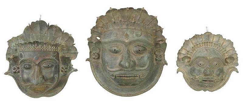 Appraisal: Three Indian Bhuta Bronze Ritual Masks South Indian th th