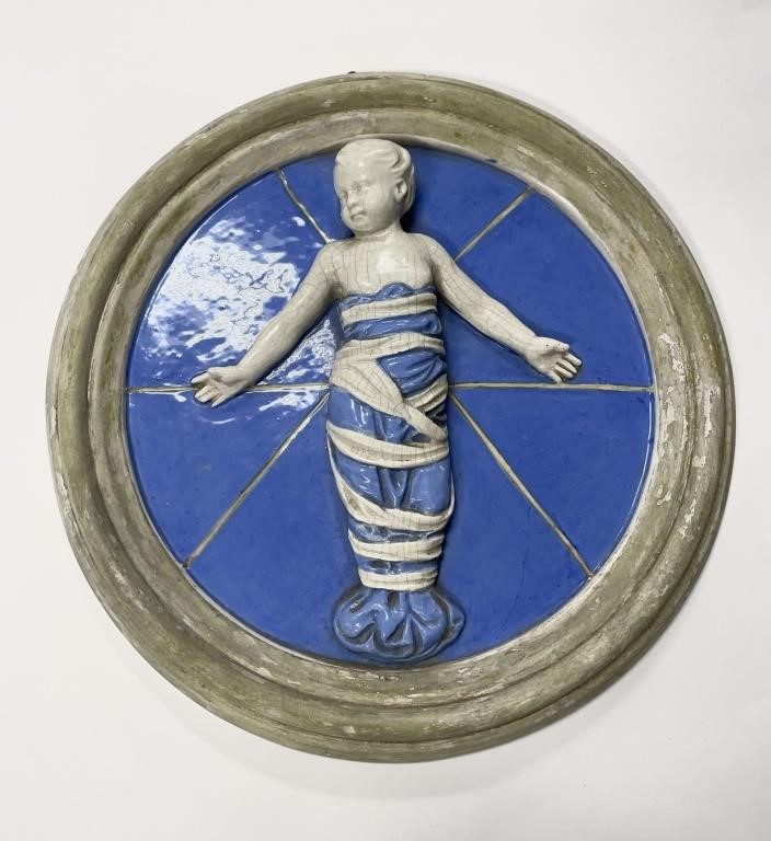 Appraisal: Large round tondo ceramic relief plaque majolica glazed featuring wrapped