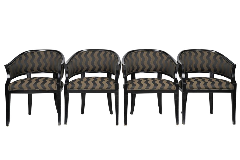 Appraisal: SET OF FOUR BLACK-LACQUERED WOOD ARMCHAIRScontemporary unsigned covered with black