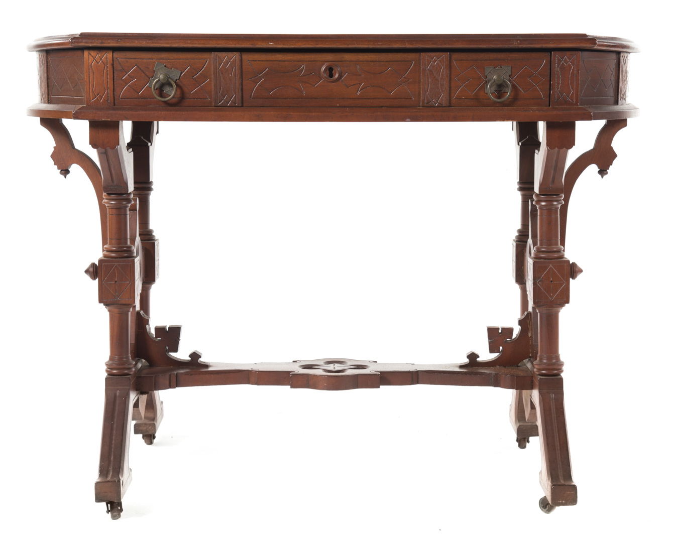 Appraisal: American Renaissance Revival walnut library table circa inset leather top