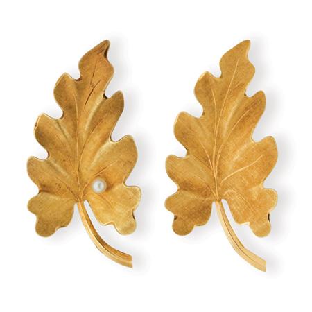 Appraisal: Pair of Gold and Cultured Pearl Leaf Brooches Tiffany Co